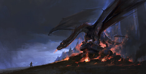 Fight the fire-breathing dragon alone, 3D illustration. © liuzishan