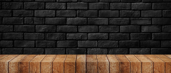 perspective of brown wooden shelf on black brick wall background for interior and display show products. studio room