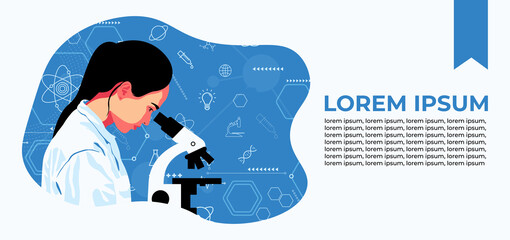 Poster illustration of girl scientist with long black hair. Wise thinking and engineering process. Chemists discovering antiviral remedies in chemical and medical laboratories. Flat design. Blue.