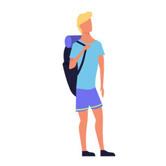 Man with luggage travel and vacation baggage. Passenger trip tourist and holiday tourism. Departure businessman cartoon and traveler carrying arrival. Summer lifestyle adventure and voyage male