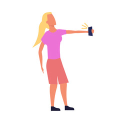 Woman make selfie vector illustration. Photo portrait female on phone and smartphone lifestyle. Self camera and telephone face friend. Social device communication and photography smiling icon