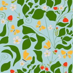 Fruits seamless pattern. Strawberry, butterflies, and blossom. Romantic vintage background for textile, fabric, decorative paper.