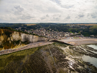 Aerial. Panorama ville et falaise d'Etretat. View Of Town By Sea. Étretat panorama. Normandie. Drone. 