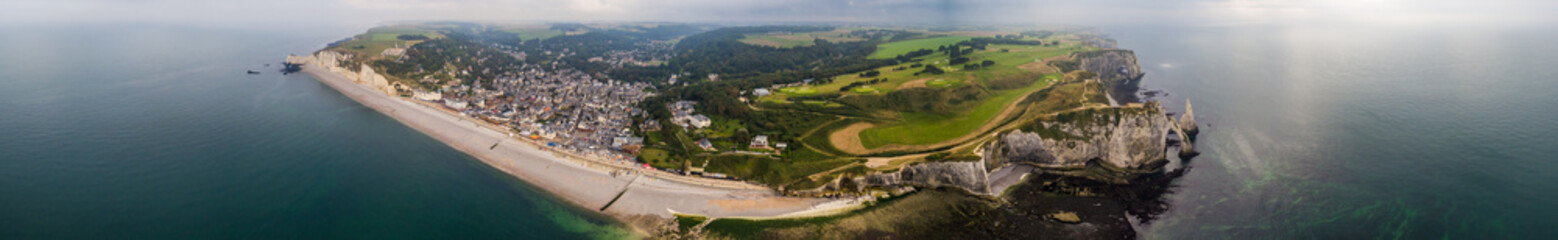 Fototapeta na wymiar Panorama in Etretat/France alabaster coast Normandy,Sea, Landscape, Beach. Etretat Aval cliff landmark and ocean . Normandy, France. 