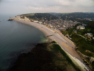 Aerial. Panorama ville et falaise d'Etretat. View Of Town By Sea. Étretat panorama. Normandie....