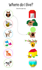Animal house worksheet. Where I live. Draw path. Educational game for preschoolers