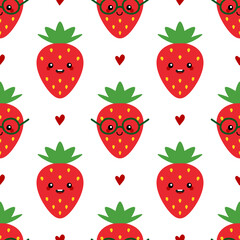 Cute smiling red strawberry characters and red hearts vector seamless pattern background.
