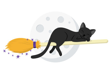 Cute black cat flying on witch's broom in front of full moon. Design element for Halloween banner, greeting card, party invitation. Isolated on white. Vector flat illustration