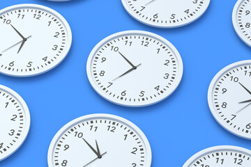 Pattern of round wall clocks on blue background. Time management. Coffee break. Home accessories. 3d render