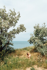 Mother with son sit among beautiful landscape and hugging