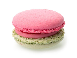 Rose green macaron with rose filling on isolated white background.