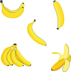 Banana set of five variations of bananas in light yellow color. Collection icons and stickers fruit.