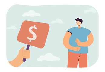 Fototapeta na wymiar Hand showing placard with dollar sign to shocked man. Employer offering job to male character flat vector illustration. Finances, economy, investment, employment concept for banner or landing web page