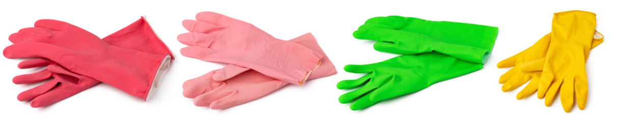 Coloured rubber gloves isolated on white background