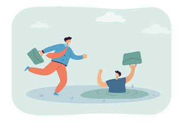 Fototapeta na wymiar Businessman running past drowning colleague. Business person with financial crisis asking for help flat vector illustration. Rivalry, bankruptcy, competition concept for banner or landing web page