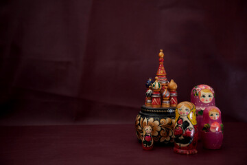  Russian handmade nesting doll model and music box with the orthodox towers of Saint Basil's cathedral in Moscow