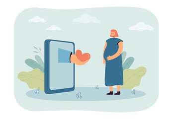 Pregnant woman and hand with heart coming out of phone screen. People giving support to future mother flat vector illustration. Charity, motherhood, pregnancy concept for banner or landing web page