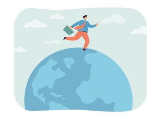Happy cartoon businessman on top of planet. Office person running on globe flat vector illustration. Success, traveling, tourism concept for banner, website design or landing web page