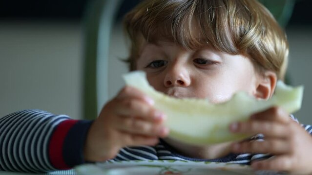 Child eating green melon fruit little boy eats healthy snack dessert