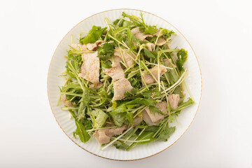 三つ葉と水菜のゆで豚のごもポン酢サラダ