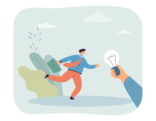 Business person running towards big hand holding lightbulb. Office worker getting new idea for project flat vector illustration. Creativity, inspiration, startup, motivation concept for banner