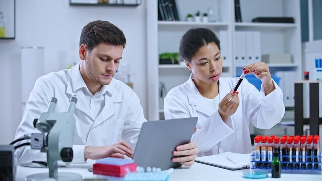 Diagnostic laboratory workers checking blood samples, inserting data on laptop