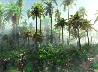 Fototapety  Jungle, beautiful rainforest in the fog, palm trees in the haze, jungle in the morning in the fog, 3D rendering