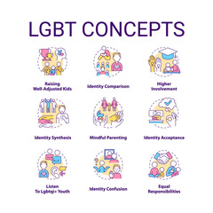 LGBT concept icons set. Culture and movement. Gender and identity. LGBTQ community idea thin line color illustrations. Isolated symbols. Editable stroke. Roboto-Medium, Myriad Pro-Bold fonts used
