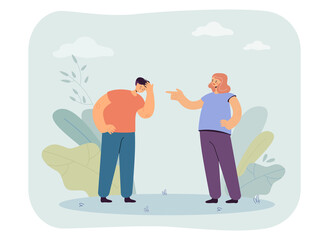 Cartoon wife scolding husband. Angry woman pointing and mocking at man flat vector illustration. Conflict, relationship, bullying concept for banner, website design or landing web page