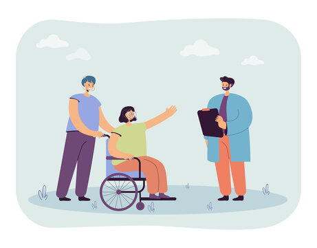 Happy cartoon girl on wheelchair greeting doctor. Woman with physical disability getting treatment flat vector illustration. Disability, medicine, health concept for banner or landing web page