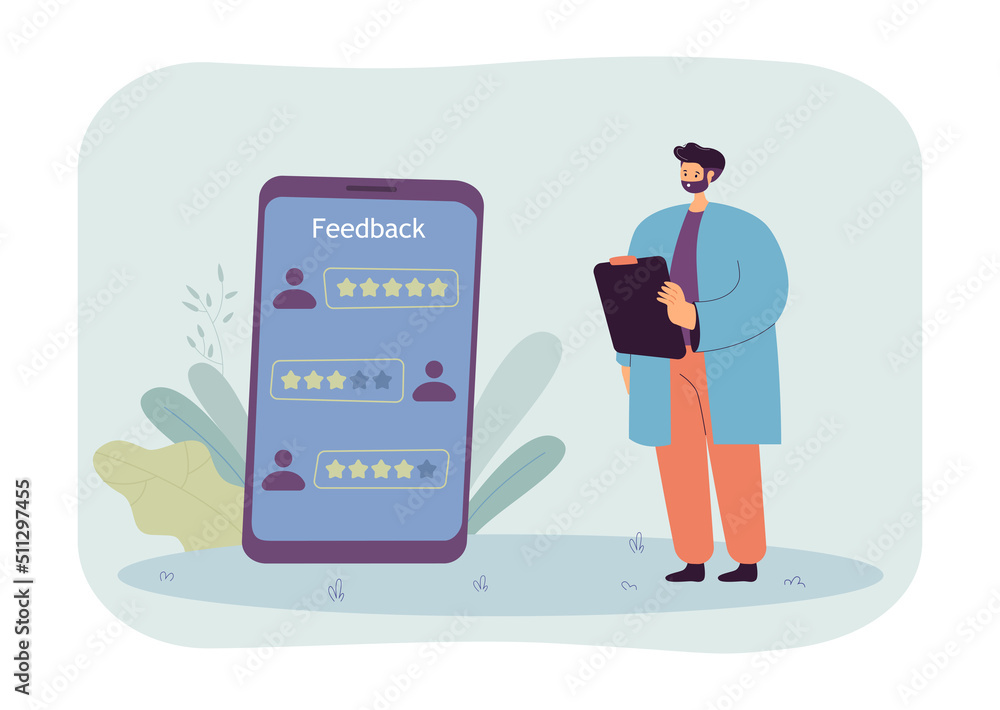 Poster application or service developer analyzing customer feedback. clients giving positive reviews to pro