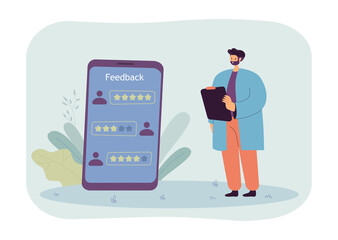 Application or service developer analyzing customer feedback. Clients giving positive reviews to product flat vector illustration. Satisfaction rating, feedback concept for banner or landing web page