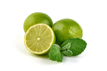 Fresh Lime with mint leaf, isolated on white background.