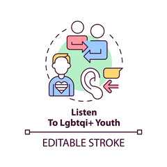 Listen to LGBTQI youth concept icon. Be understanding. Supporting LGBT youth abstract idea thin line illustration. Isolated outline drawing. Editable stroke. Arial, Myriad Pro-Bold fonts used