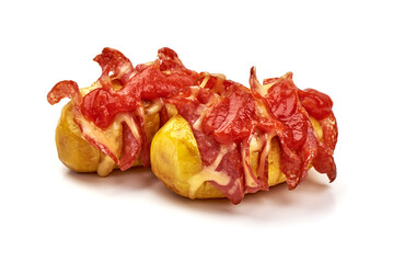 Baked loaded potatoes with cheese, isolated on white background.