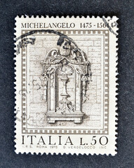 Cancelled postage stamp printed by Italy, that shows Work of Michelangelo Buonarroti, circa 1975.