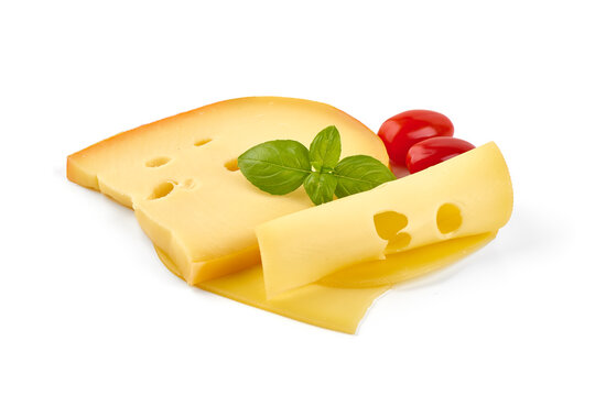 Gouda cheese with slices and basil, isolated on white background.