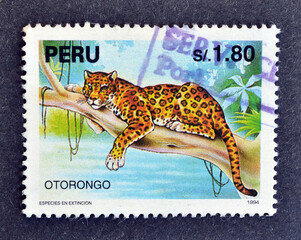 Cancelled postage stamp printed by Peru, that shows Otorongo Jaguar, circa 1994.