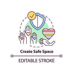 Create safe space concept icon. Helping others. Supporting LGBT youth abstract idea thin line illustration. Isolated outline drawing. Editable stroke. Arial, Myriad Pro-Bold fonts used - obrazy, fototapety, plakaty