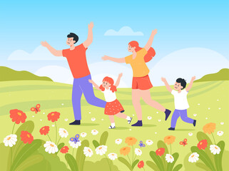 Obraz na płótnie Canvas Happy active family with kids running outdoors. Healthy man, woman and children exercising together flat vector illustration. Family, leisure, recreation, health concept for banner or website design