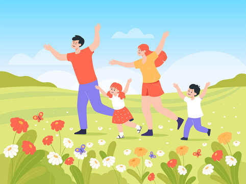 Happy active family with kids running outdoors. Healthy man, woman and children exercising together flat vector illustration. Family, leisure, recreation, health concept for banner or website design