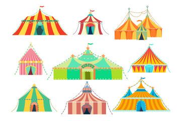 Different colorful circus tents vector illustrations set. Collection of circus domes for amusement park, funfair or event isolated on white background. Circus, festival, entertainment concept