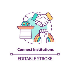 Connect institutions concept icon. Social organizations. State support abstract idea thin line illustration. Isolated outline drawing. Editable stroke. Arial, Myriad Pro-Bold fonts used