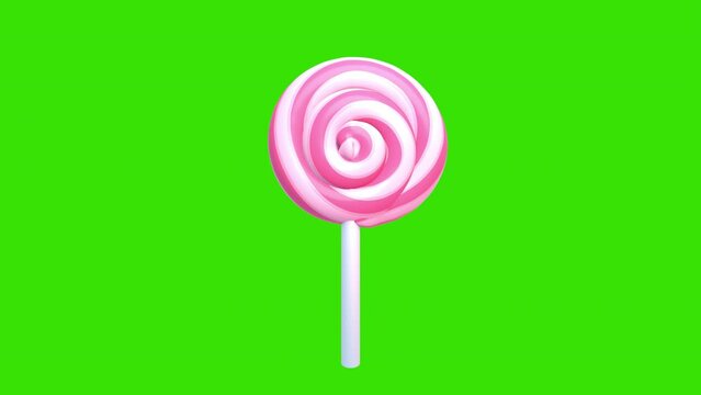 Looped isolated 3d cartoon pink lollipop on green screen background.