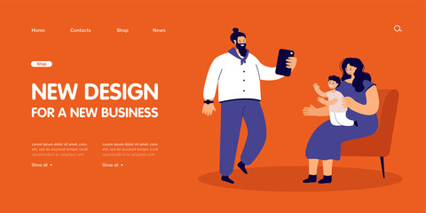 Cheerful husband taking photo of wife and son with smartphone. Mother and father spending time with kid flat vector illustration. Family, technology concept for banner, website design or landing page