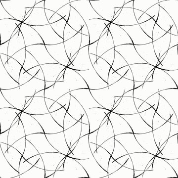 Elegant swirl and curly brush strokes seamless pattern. Hand drawn vector ink monochrome background. Painted abstract texture. Scribble lines and calligraphy wide and thin brush strokes repeat.