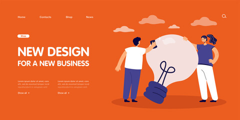 Male cartoon character polishing lightbulb. Colleague or friend improving new idea of woman flat vector illustration. Innovation, startup, teamwork concept for banner, website design or landing page