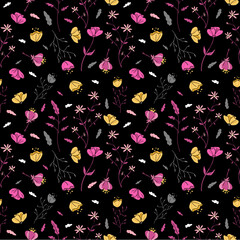 Fototapeta na wymiar Blooming floral meadow seamless pattern. Plant background for fashion, wallpapers, print.Trendy floral design