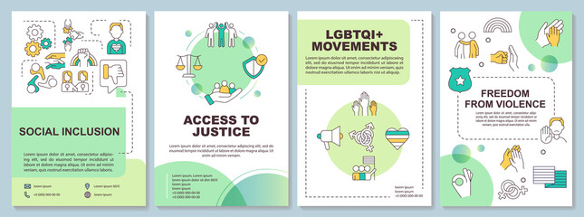 Fototapeta na wymiar LGBT community programs green brochure template. Leaflet design with linear icons. Editable 4 vector layouts for presentation, annual reports. Arial-Bold, Myriad Pro-Regular fonts used