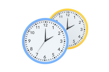Two round wall clocks isolated on white background. 3d render